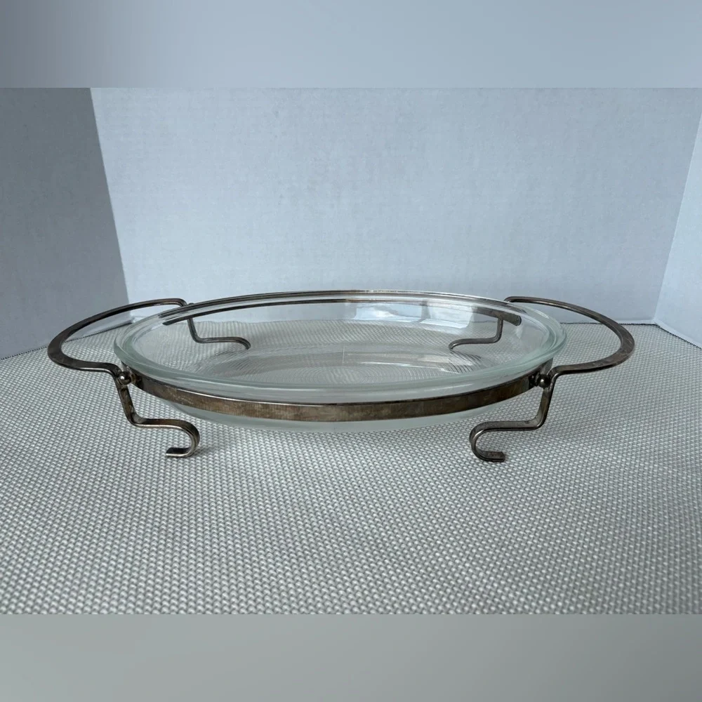 Vintage Oval Glass Casserole serving platter with Silverplate Footed Stand
